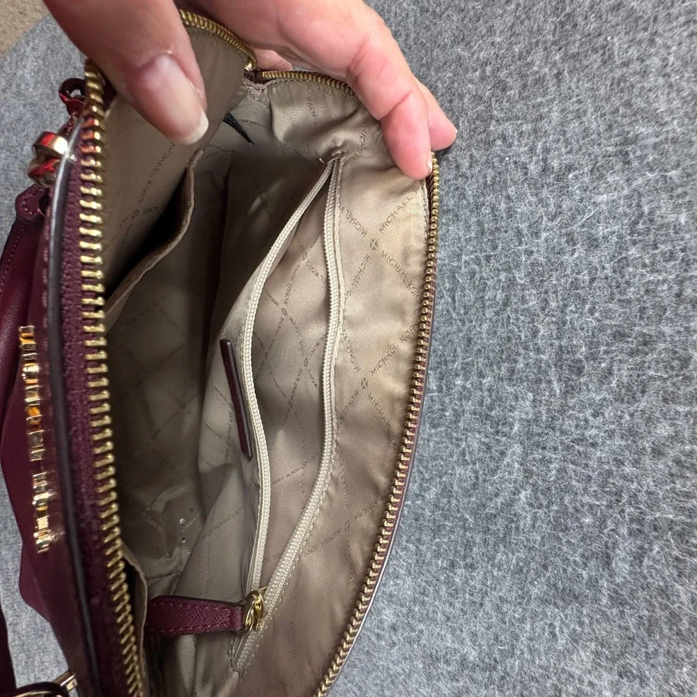 Michael Kors Burgundy Saffiano Dome Satchel Crossbody Shoulder Bag Minimalist - Picture 12 of 16